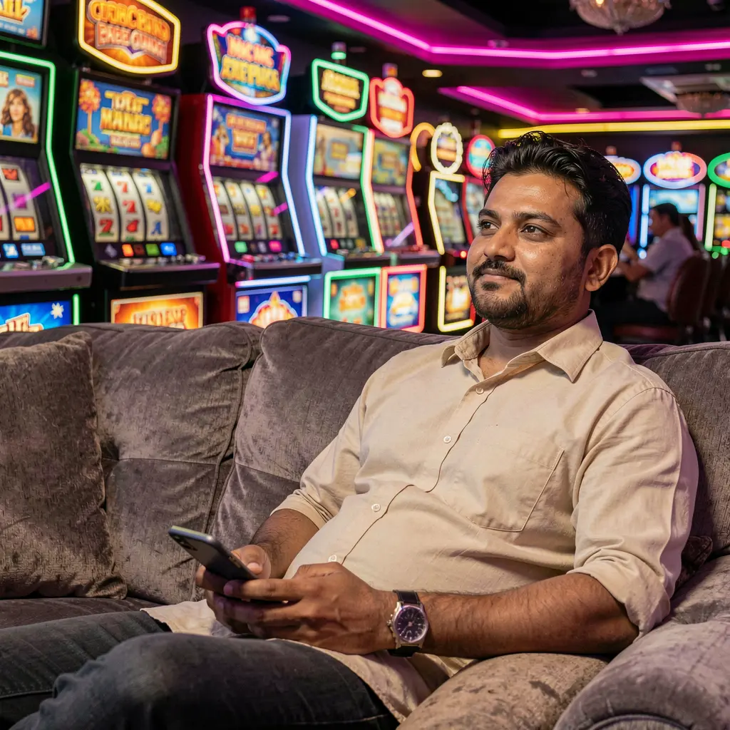 Confident Bangladeshi player using the 58OK casino app on his phone with colorful slot machines and casino lights in the background