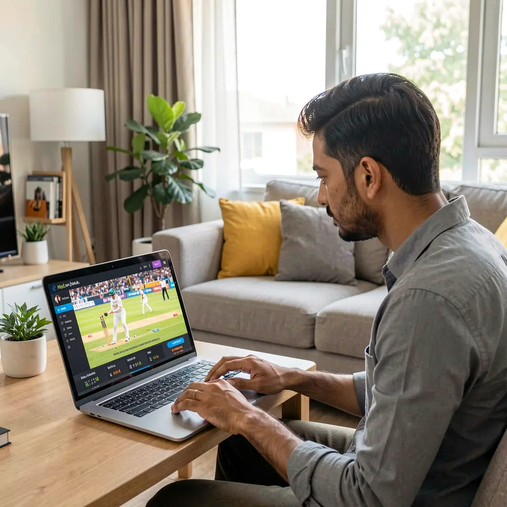 Confident Bangladeshi player enjoying live sports betting on a laptop with vibrant match visuals while using the 58OK platform at home