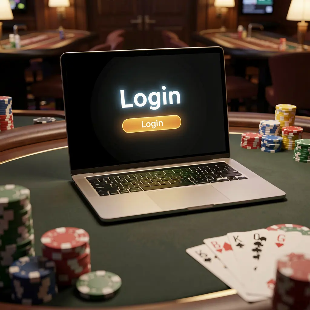 Modern laptop on a casino table showing the 58OK login screen with colorful poker chips and cards in a realistic online gaming setting